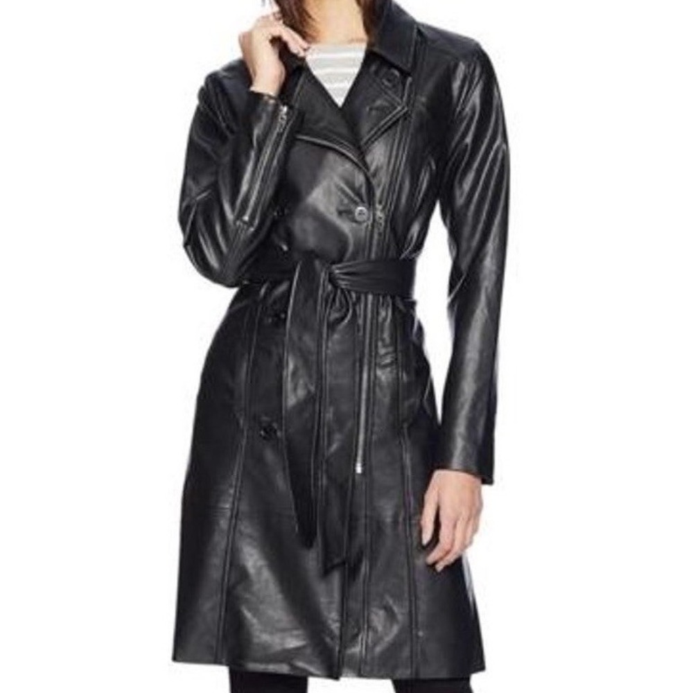 Blank NYC Moto Trench Coat Womens L Belted Double Breasted Vegan Leather Black